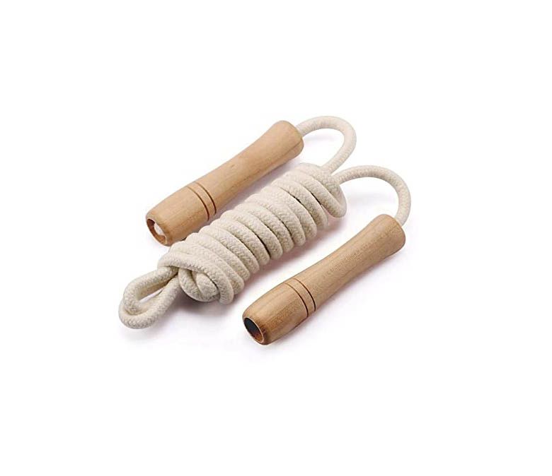 Corde de saut poignée en bois tressé en coton pour les enfants